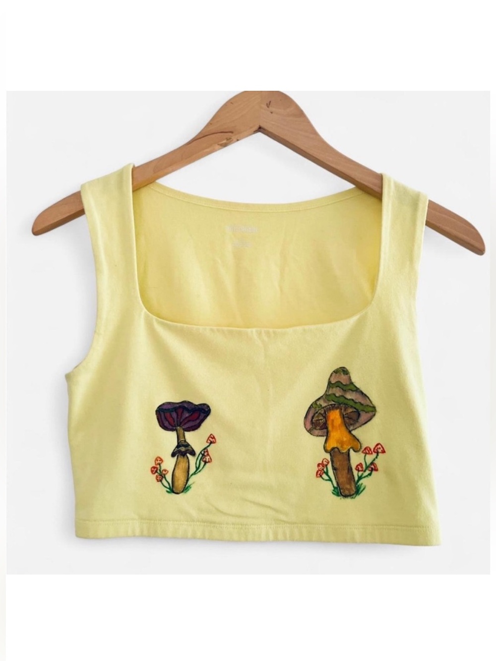 Hand painted Yellow cropped tank top with mushrooms
